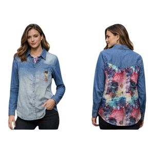 Aratta Bianca Chambray Denim Floral Button Up Shirt Removable Brooch